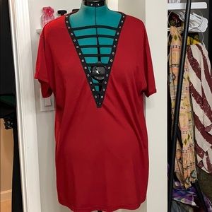 Red Deep V-Neck Tunic Top